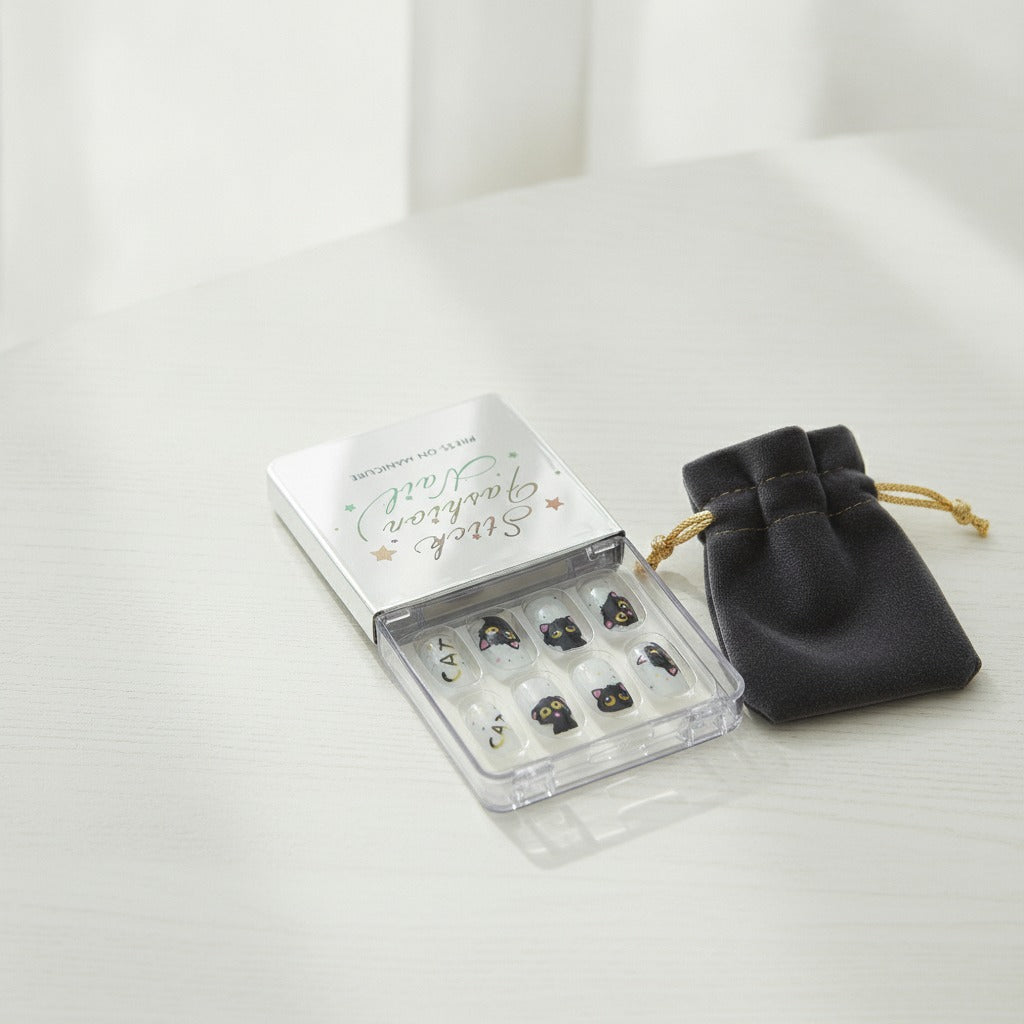 Cat Face Press-On Manicure Set - Cream & Black Cat