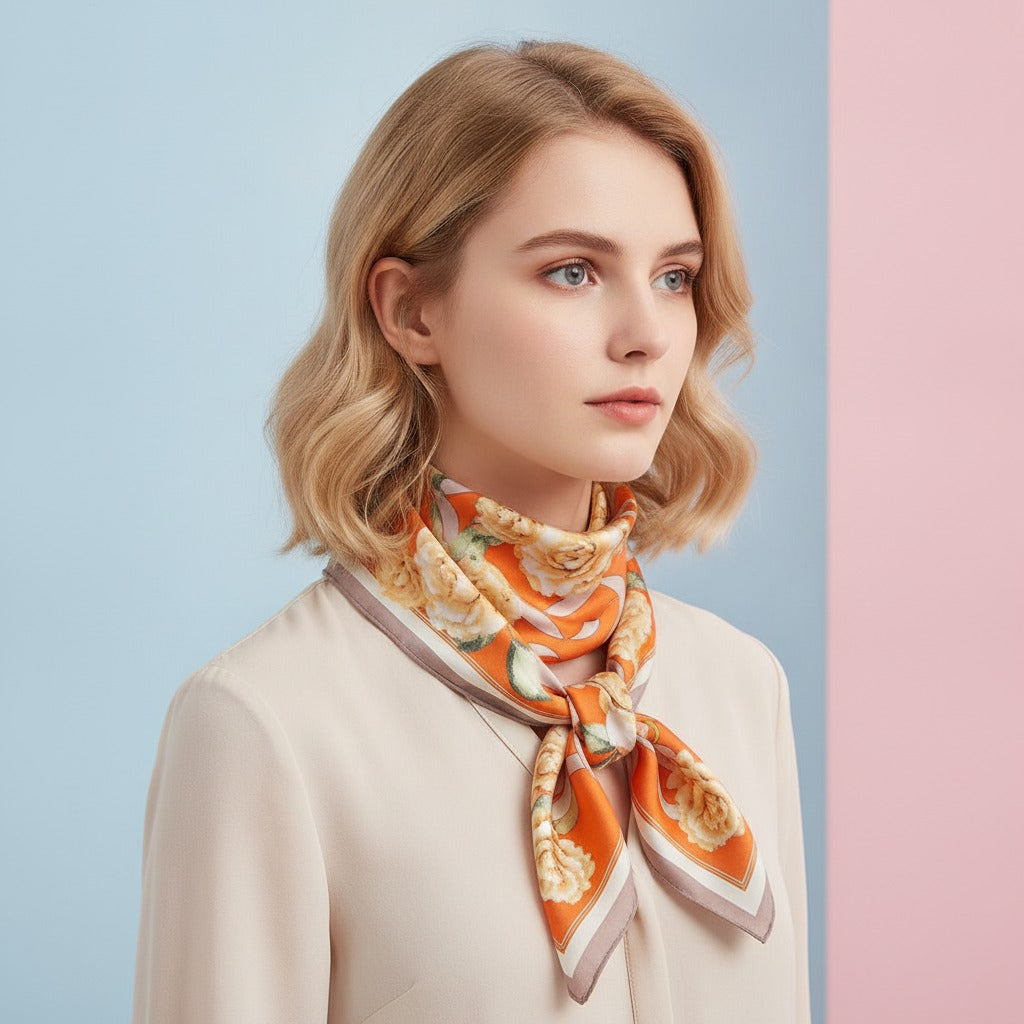 Floral Ribbon Square Scarf - Cream & Blue Alt