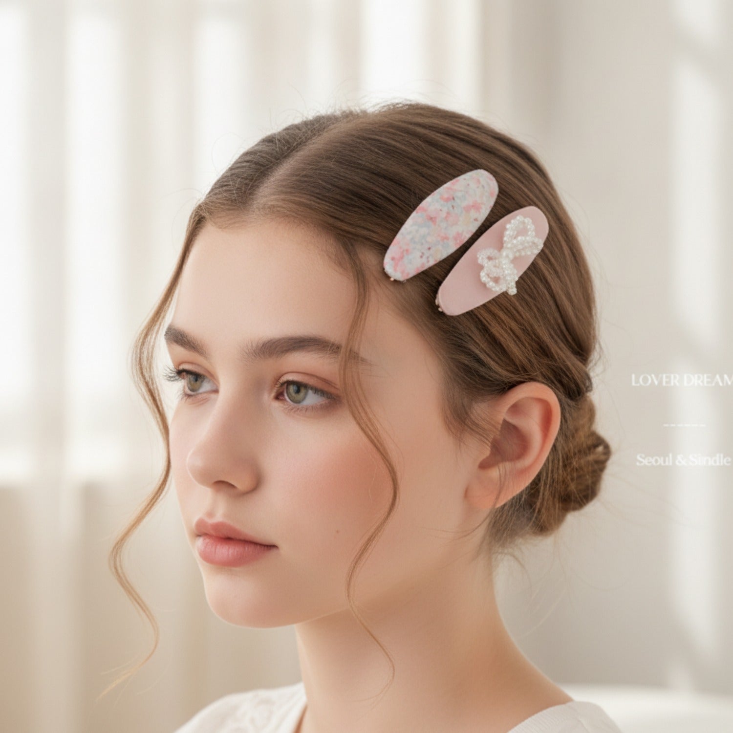 Watercolor Floral Pearl Hair Clip Set Pink Floral