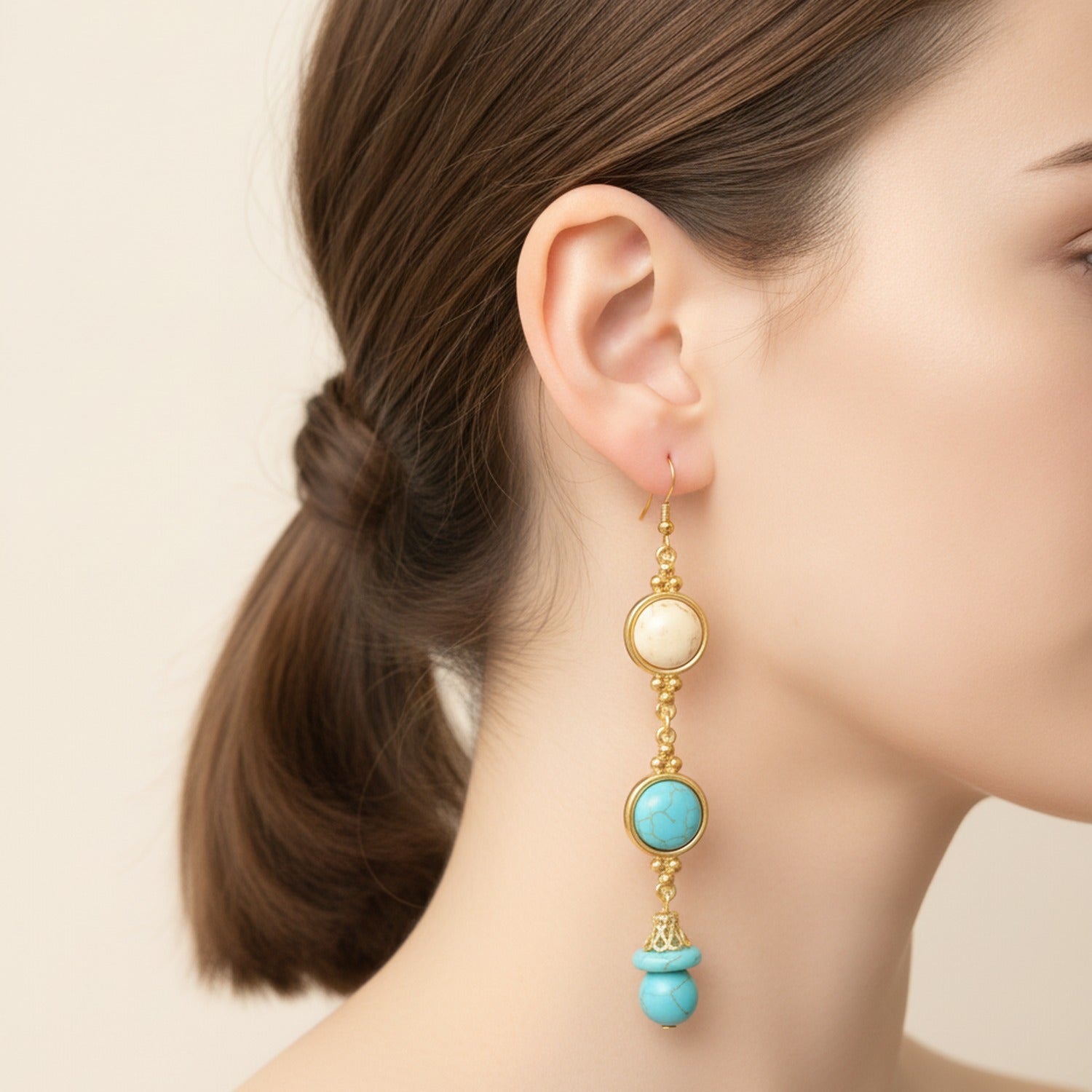 Turquoise & Cream Beaded Drop Earrings Turquoise & Cream