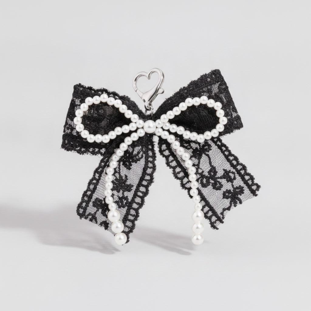 Pearl Lace Bow Bag Charm - Black