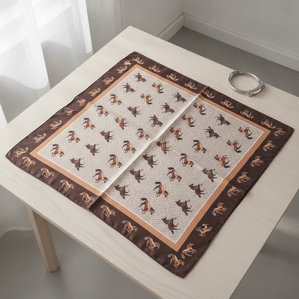 Equestrian Print Square Scarf - Cream & Brown