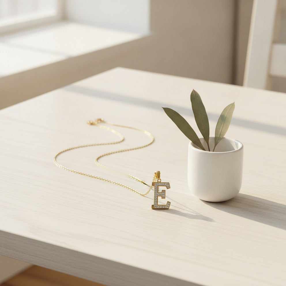Sparkle Initial Letter Necklace - Gold E