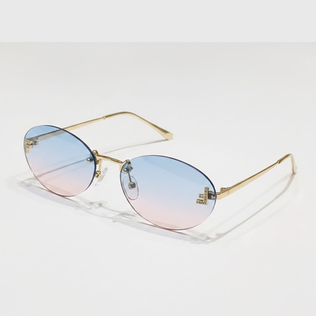 Gradient Oval Rimless Sunglasses With Trim - Blue Pink – eyewear (view 1)