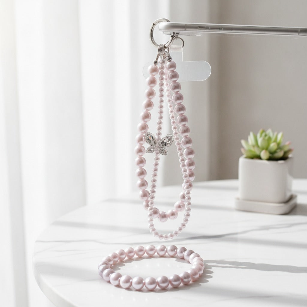 Pearl Butterfly Charm Keychain - Pink Pearl