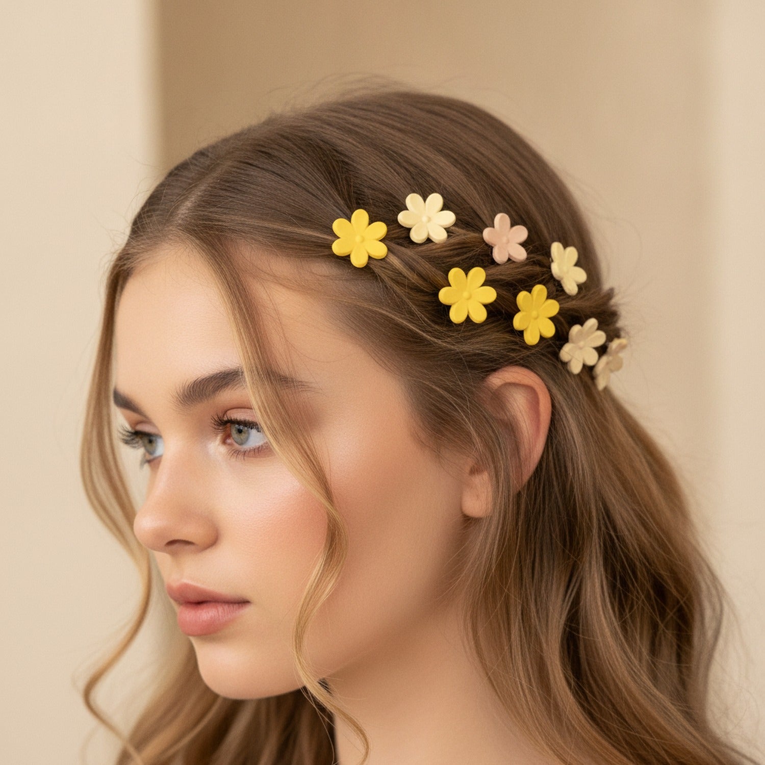 Blue Flower Hair Clips Set Yellow Flowers