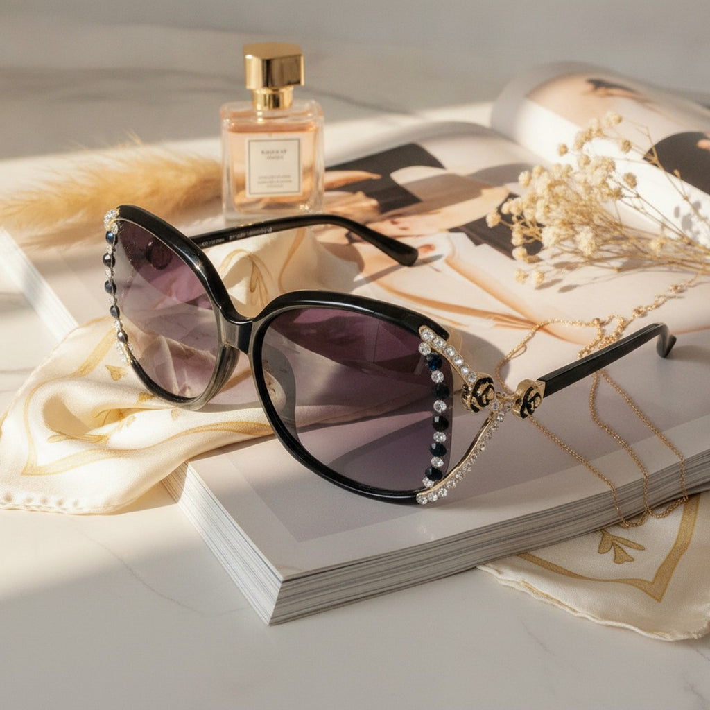 Rhinestone Oval Gradient Sunglasses Black Frame