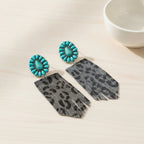 Turquoise Cluster Fringe Drop Earrings - Leopard Print
