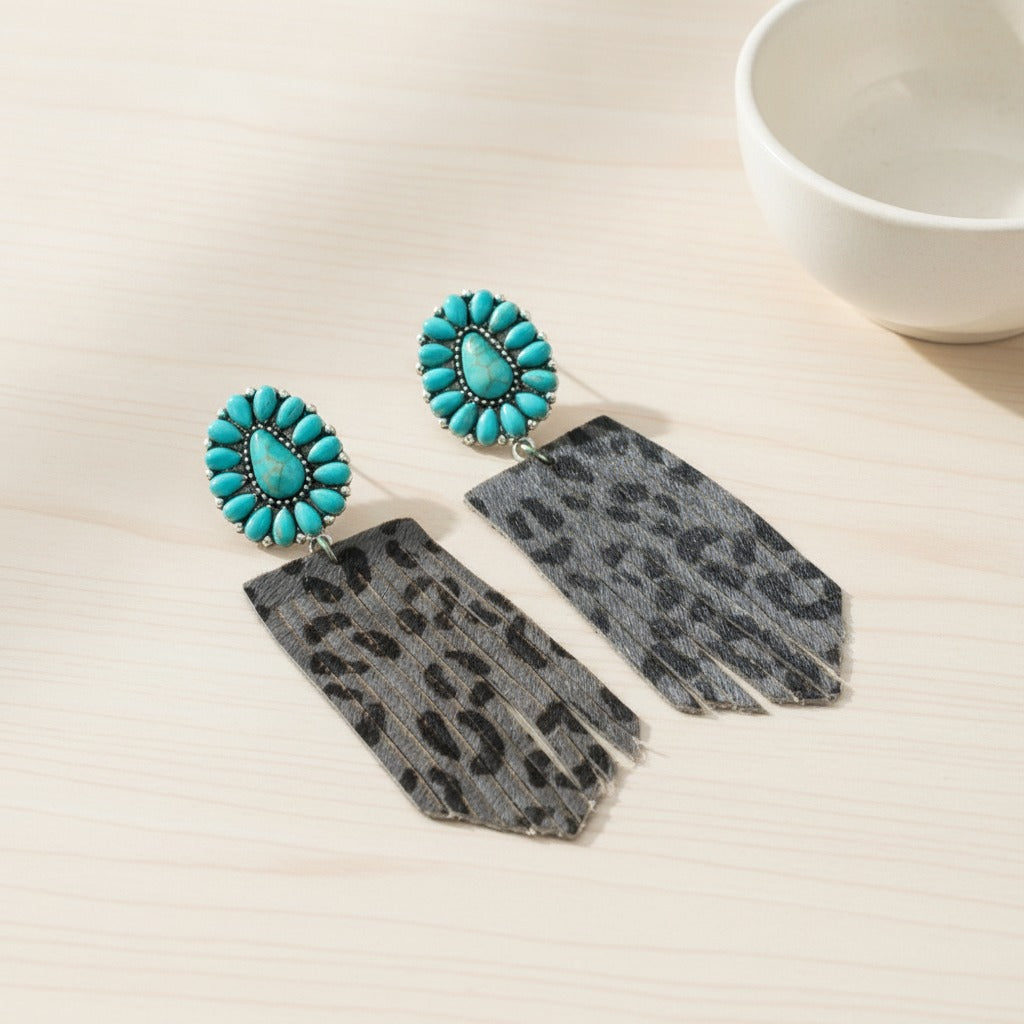 Turquoise Cluster Fringe Drop Earrings - Leopard Print