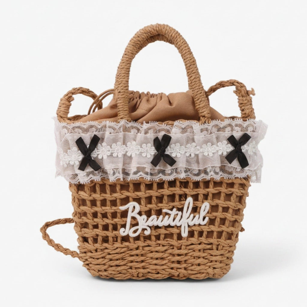 Woven Straw Basket Tote Bag with Lace Bow Trim - Khaki – apparel accessories (view 1)