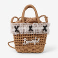 Woven Straw Basket Tote Bag with Lace Bow Trim - Khaki – apparel accessories (view 1)