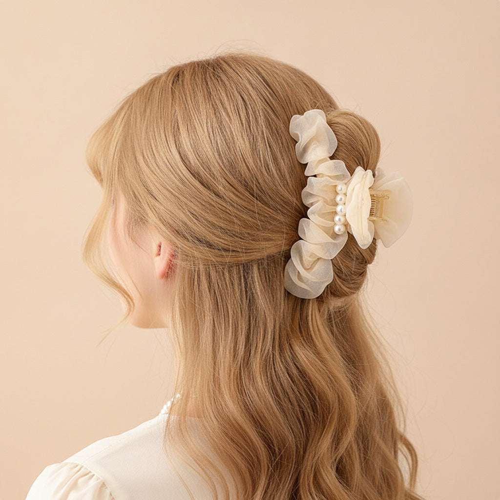 Ruched Satin Hair Claw - Cream