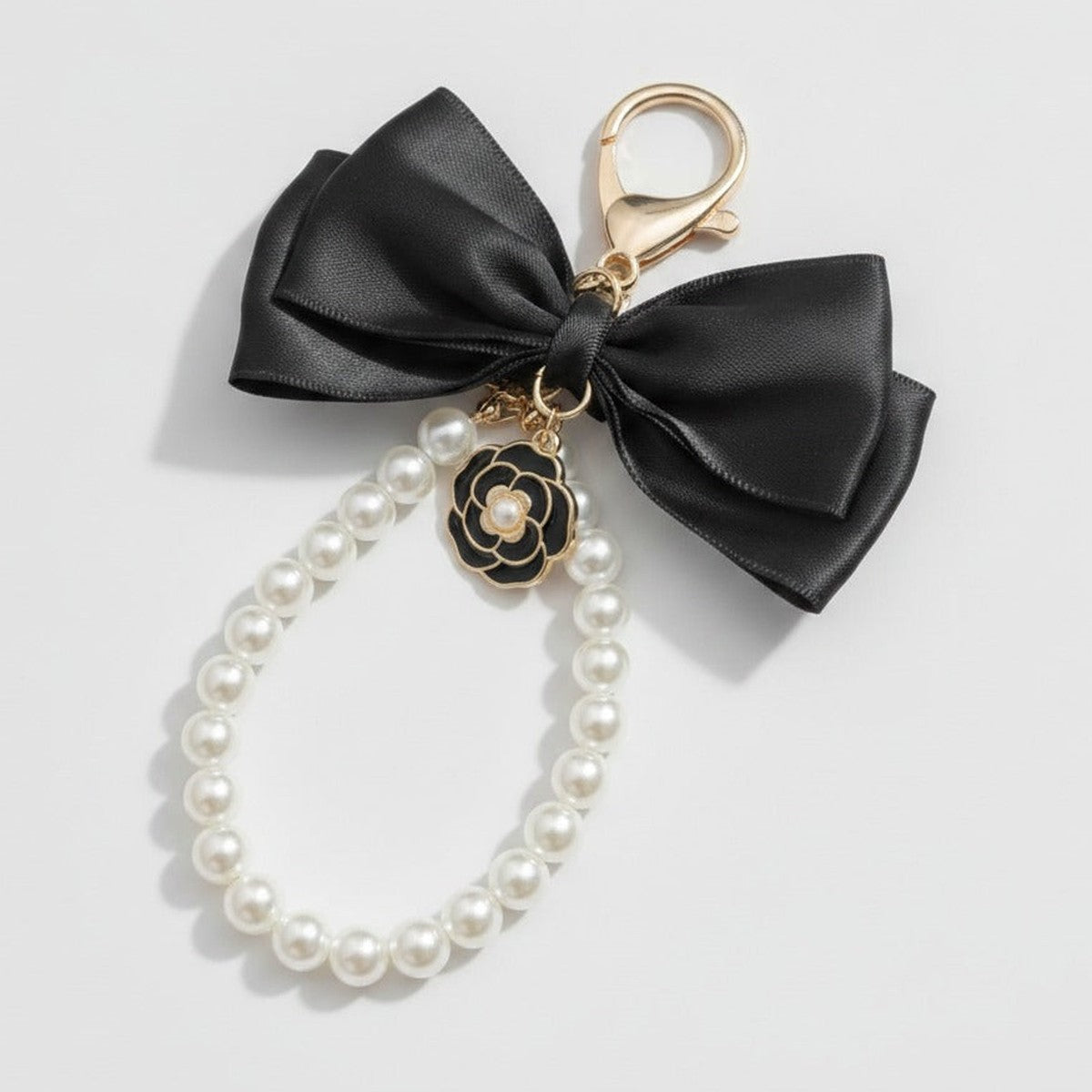 Pearl Bow Charm Keychain - Black