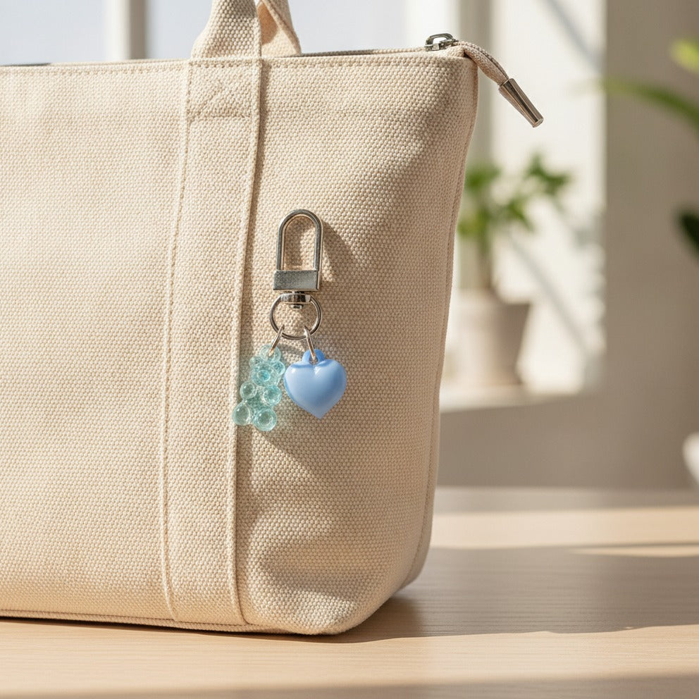 Beaded Bear & Heart Charm Keychain - Clear Bear & Blue Heart