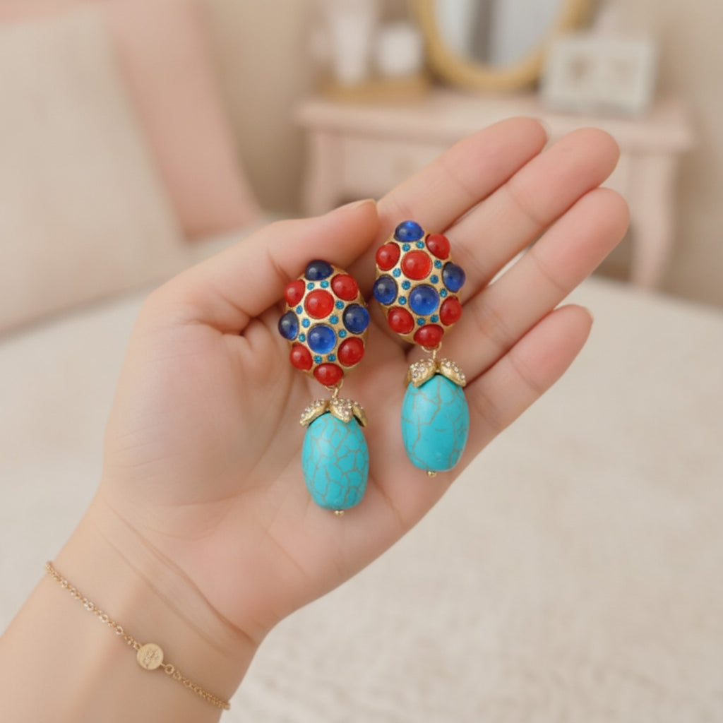 Jeweled Turquoise Drop Earrings Gold & Turquoise