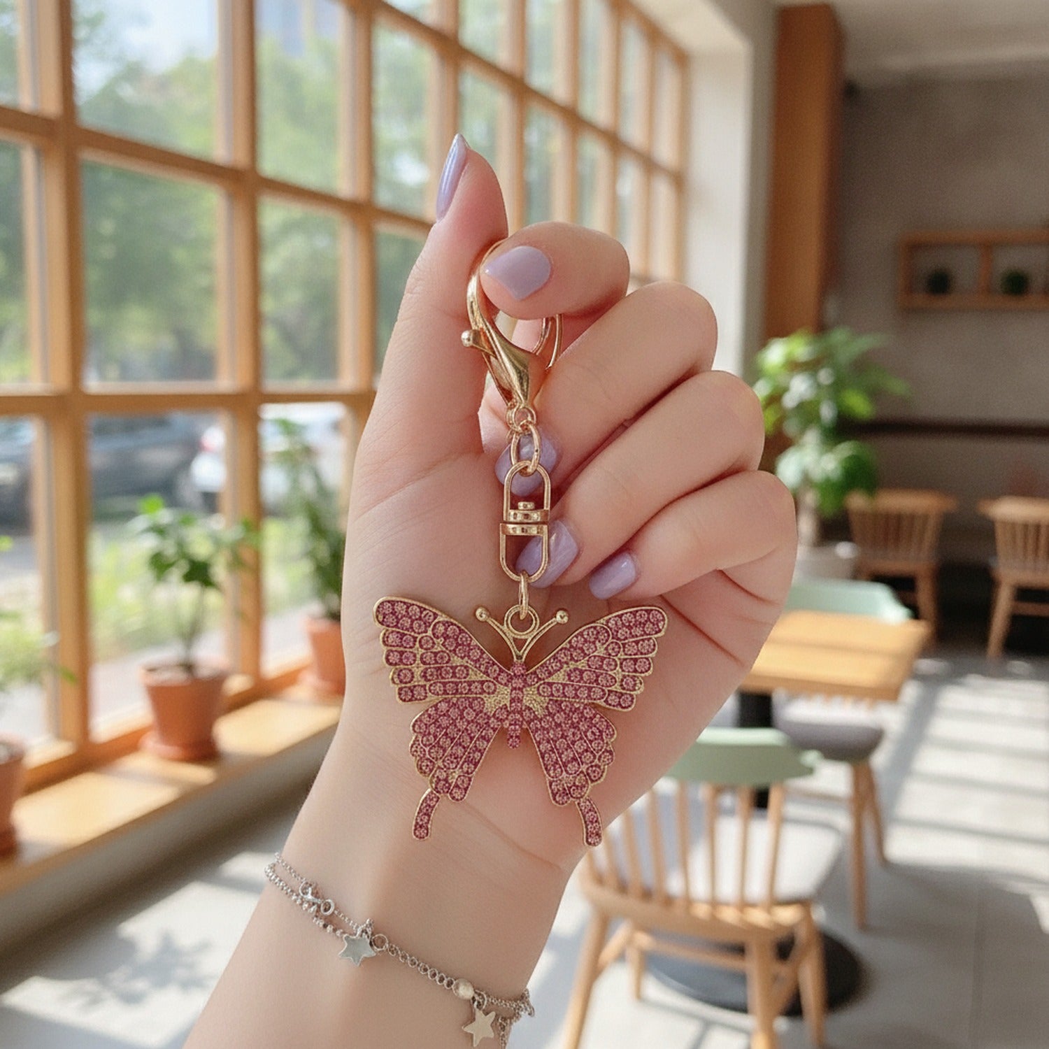 Sparkly Butterfly Keychain Charm Pink