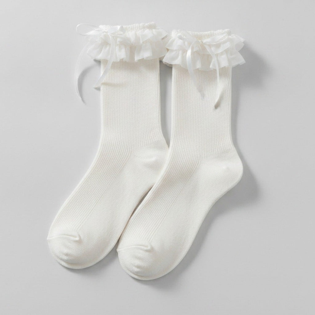 White Ruffle Ribbon Crew Socks – apparel accessories (view 1)