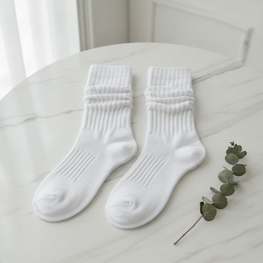 Slouchy Ribbed Crew Socks - White