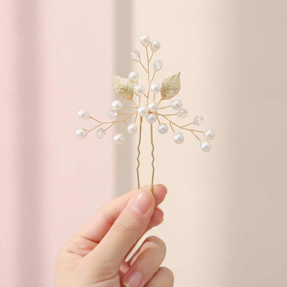 Pearl & Leaf Hair Pin Set - Gold