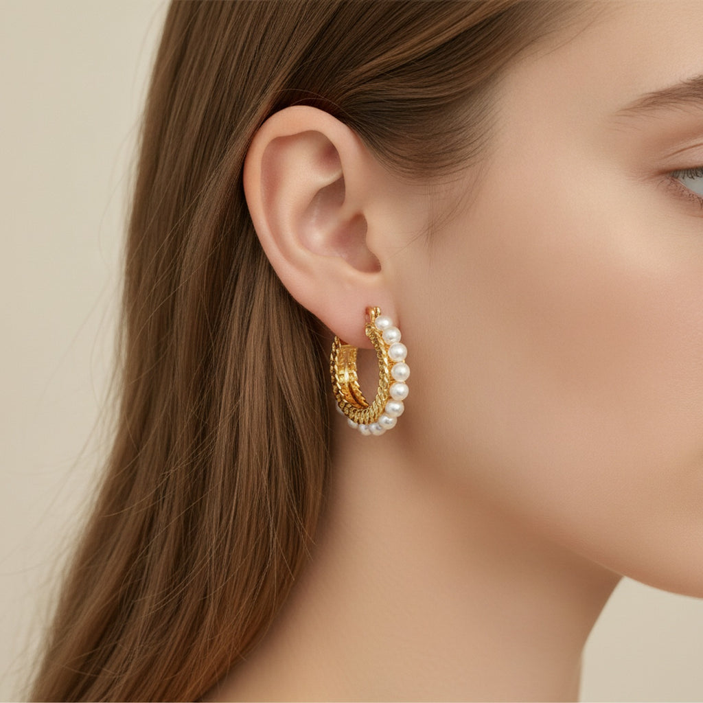 Pearl & Gold Textured Hoop Earrings Gold