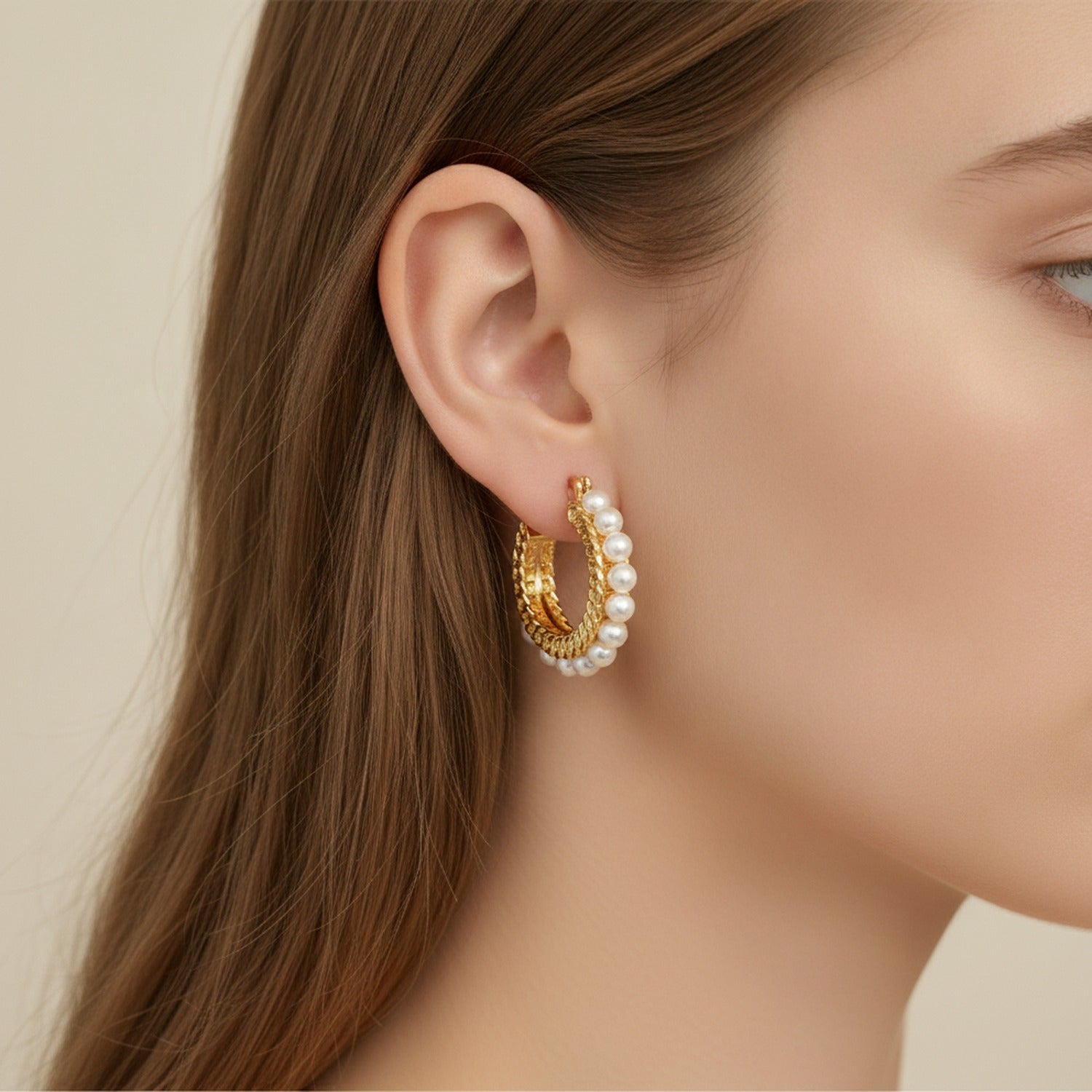 Pearl & Gold Textured Hoop Earrings Gold