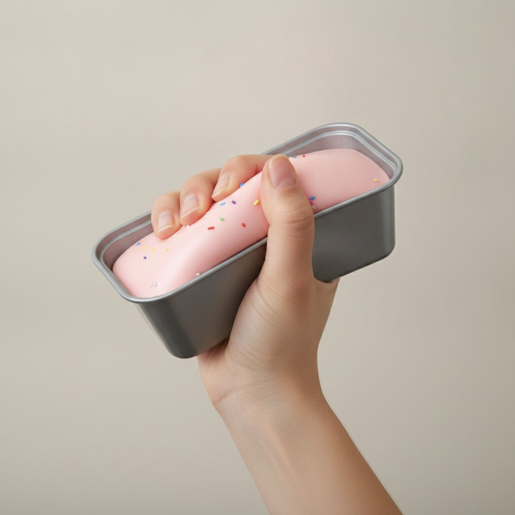 Sanrio Hello Kitty My Melody Strawberry Cake Tin - squeeze in hand
