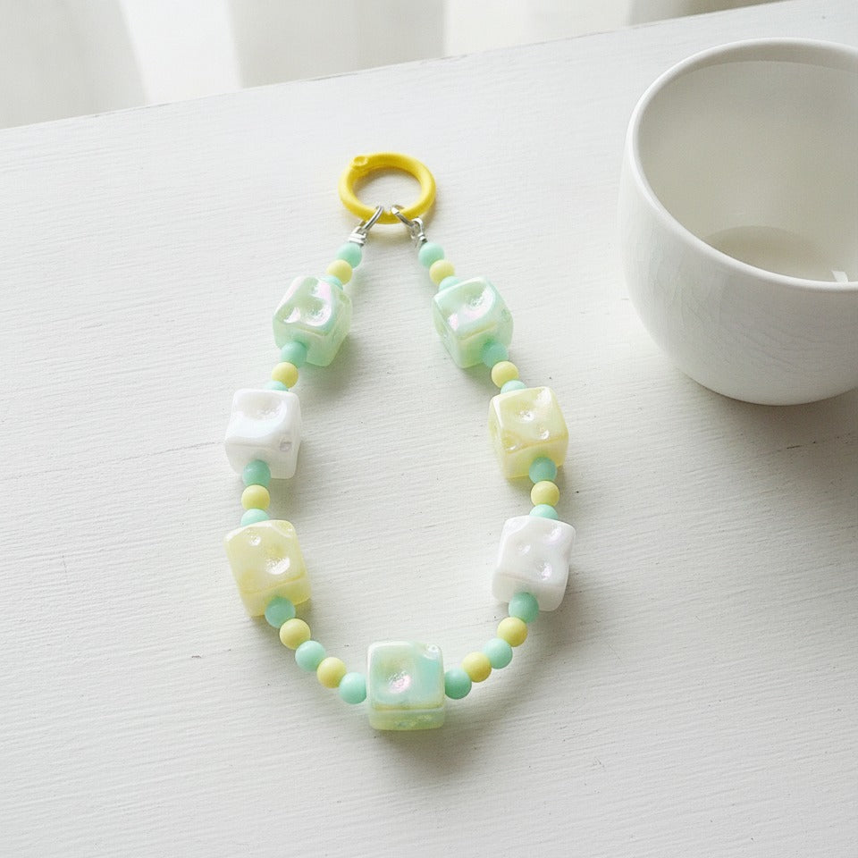 Pastel Dice Beaded Keychain - Green & Yellow