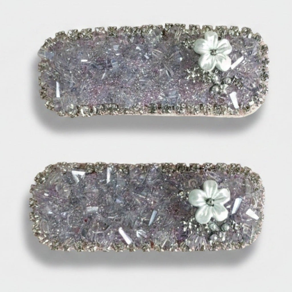 Sparkly Purple Glitter Hair Clips with White Flower Charm – hair accessories (view 1)