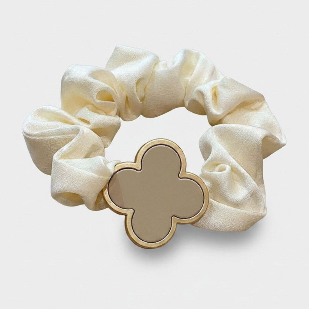 Cream Satin Scrunchie With Gold Clover Charm – hair accessories