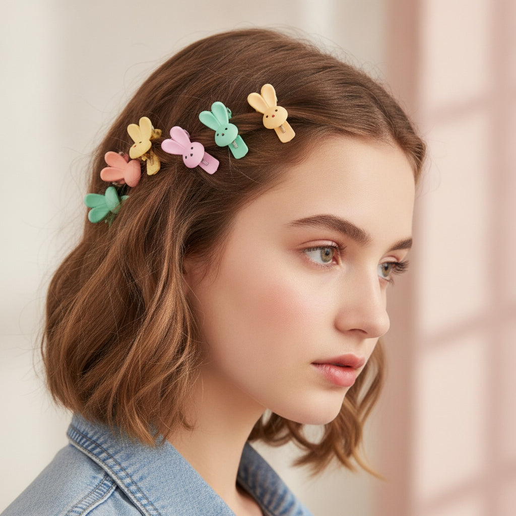 Blue Flower Hair Clips Set Bunnies