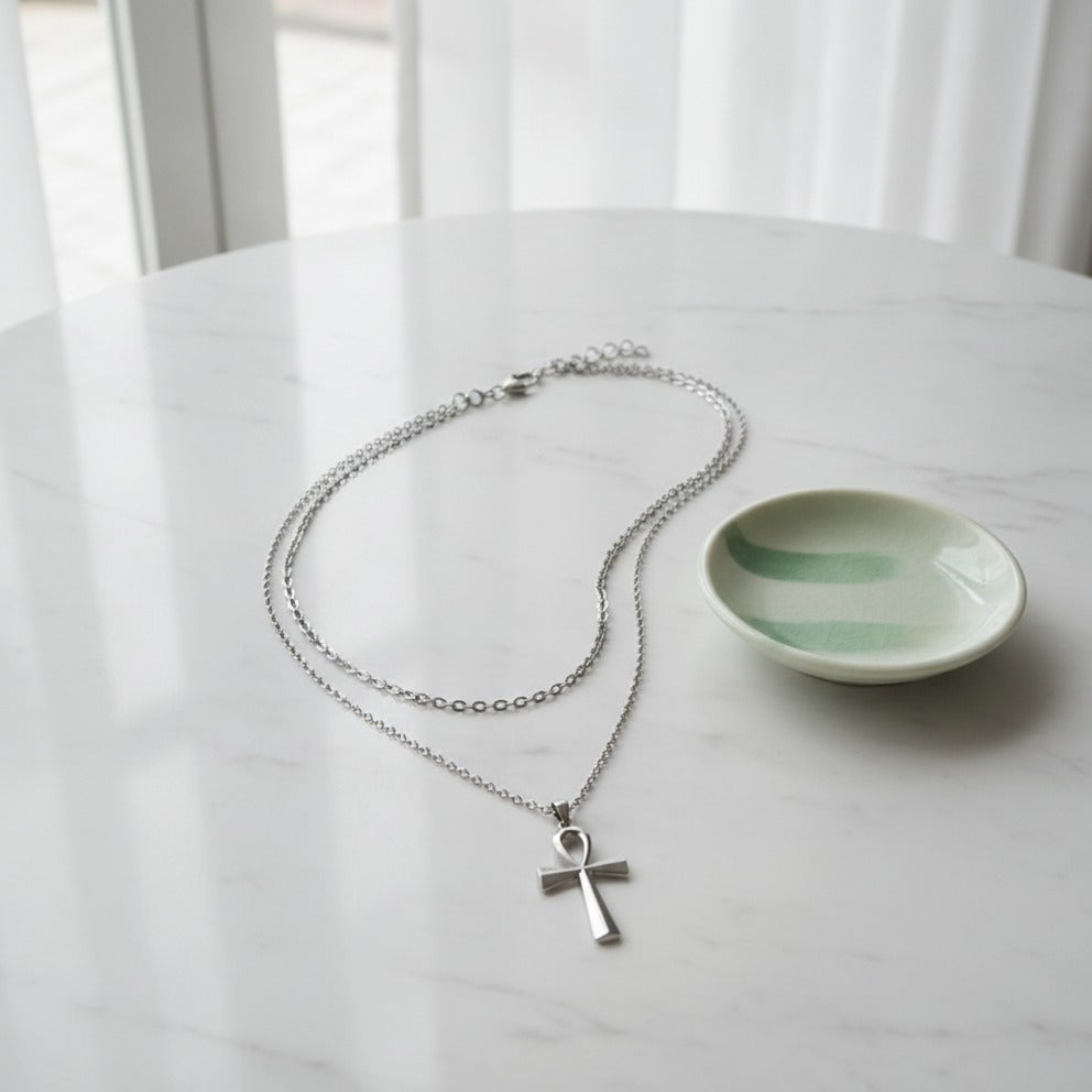 Cross Charm Layered Necklace - Black Silver