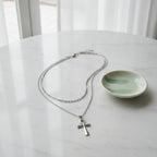 Cross Charm Layered Necklace - Black Silver
