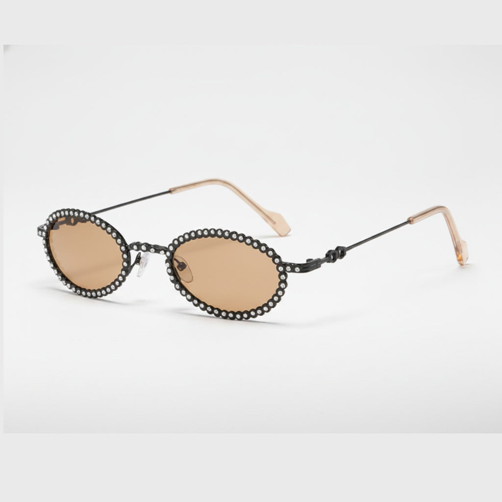Oval Beaded Black Metal Sunglasses With Tan Lens – eyewear (view 1)
