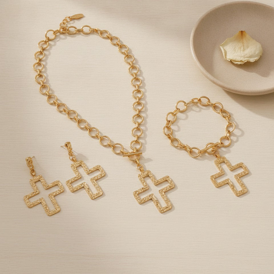 Hollow Cross Jewelry Set - Gold