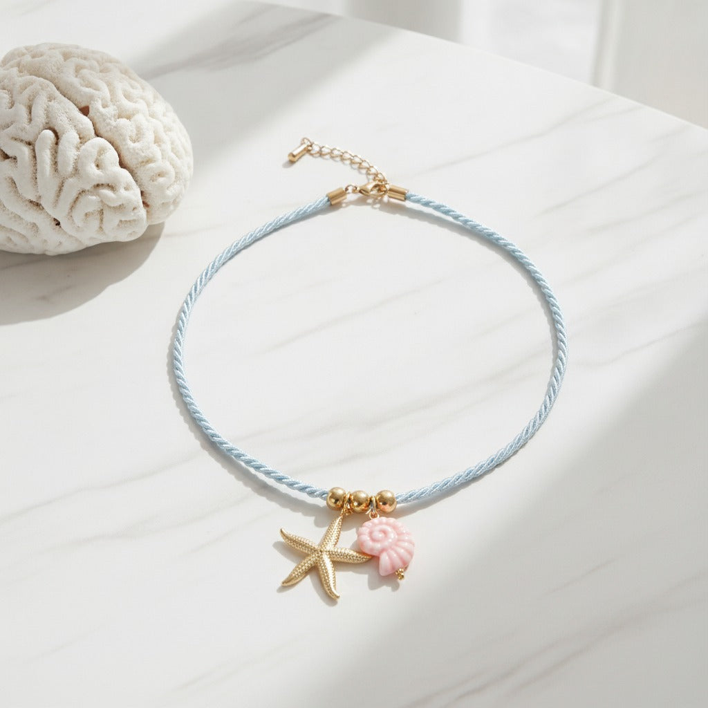 Starfish & Shell Charm Rope Necklace - Light Blue
