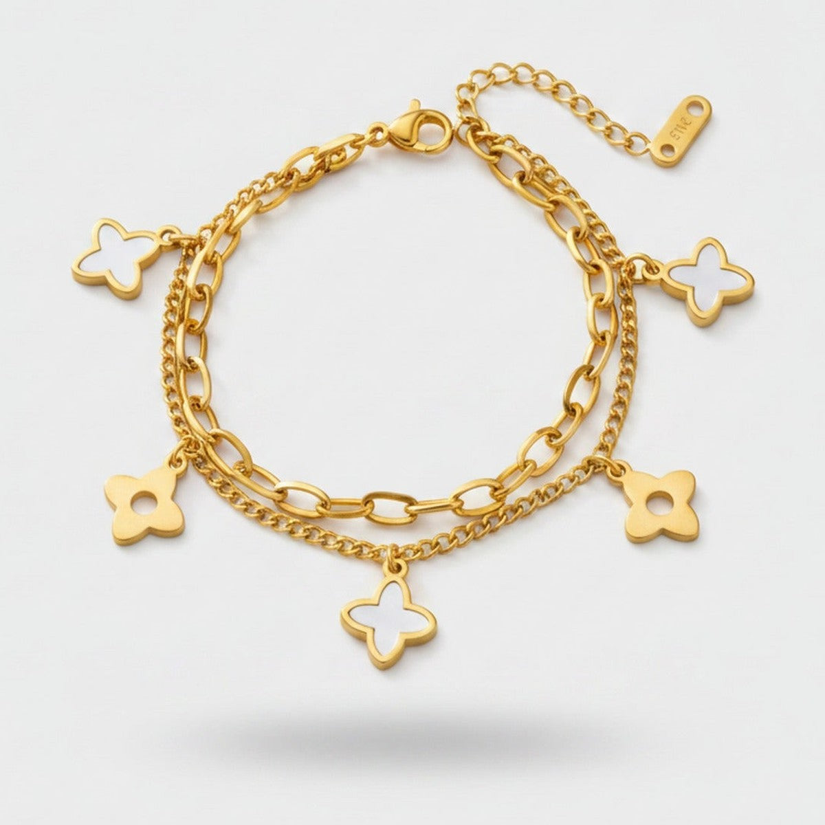 Four-Leaf Clover Charm Chain Bracelet - Double Layer White Pearl Four Leaf Clover Bracelet Gold #E127 – jewelry (view 1)