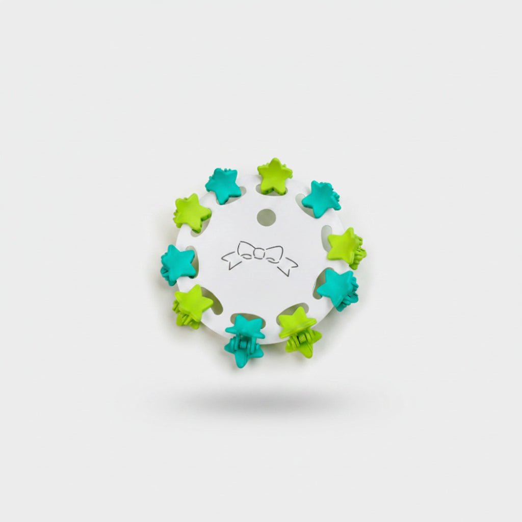 Blue Flower Hair Clips Set Green Stars
