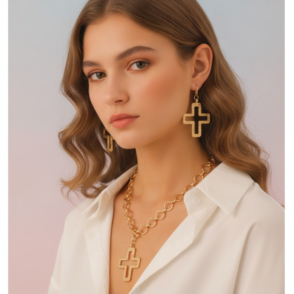 Hollow Cross Jewelry Set - Gold