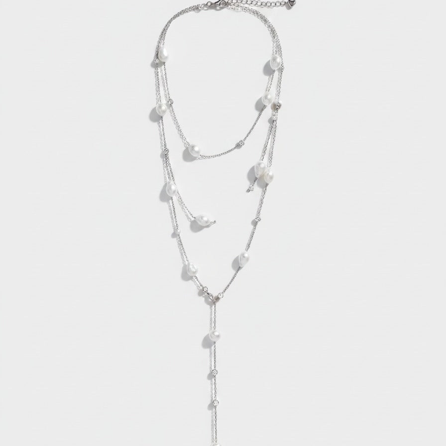 Layered Pearl Chain Necklace - Silver Pearl