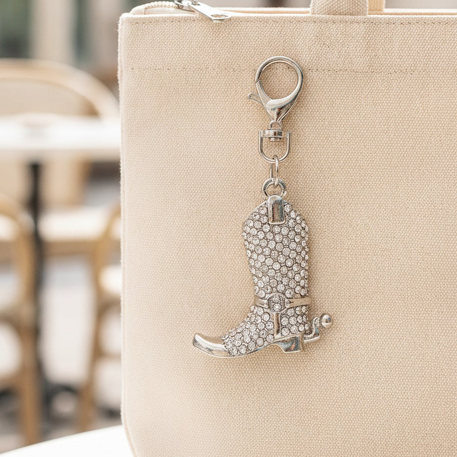 Rhinestone Cowboy Boot Keychain - Silver Crystal