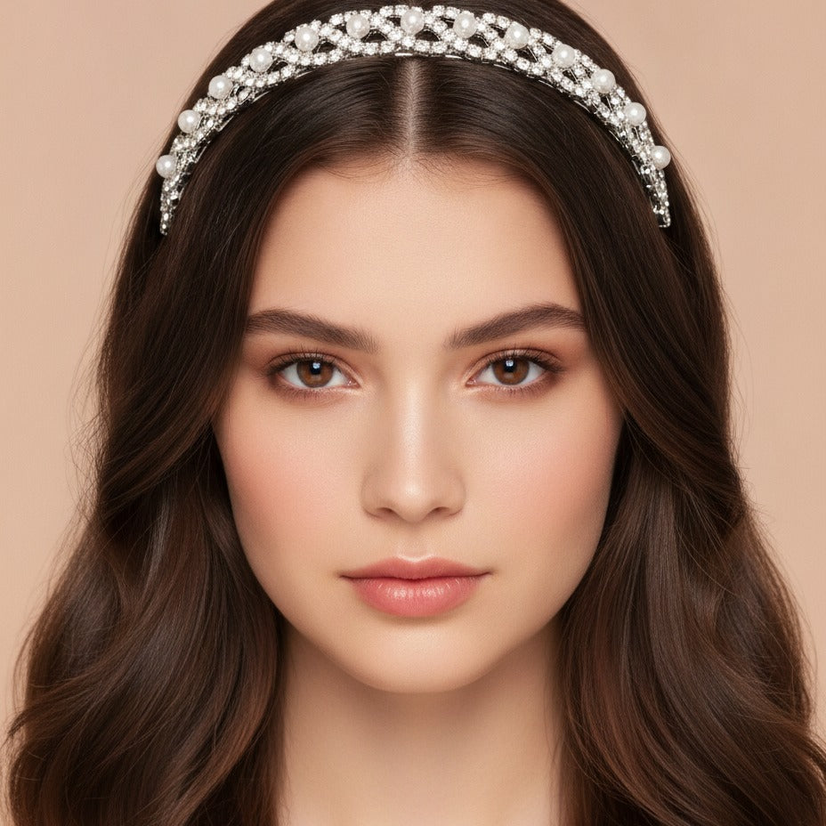Crystal Pearl Padded Headband - Silver Pearl