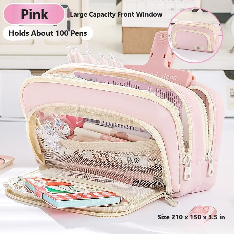 Large capacity minimalist Japanese style pencil case - Pink