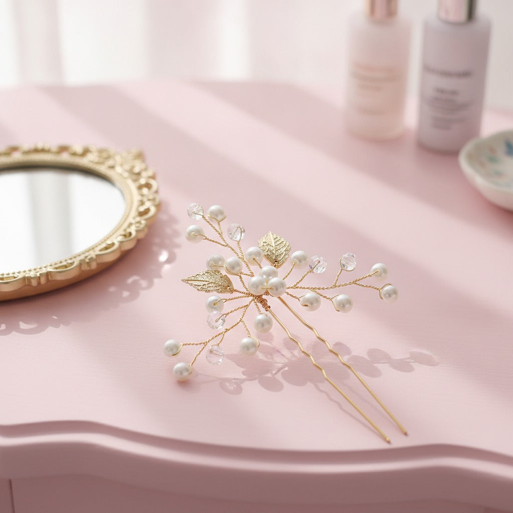 Pearl & Leaf Hair Pin Set - Gold