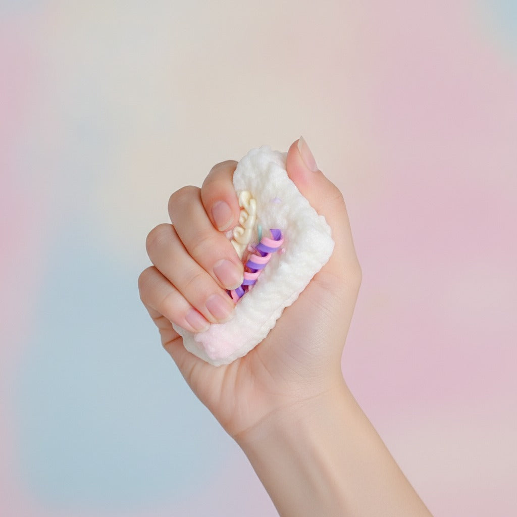Fluffy Cake Slice Squishy - Pink - squeeze in hand