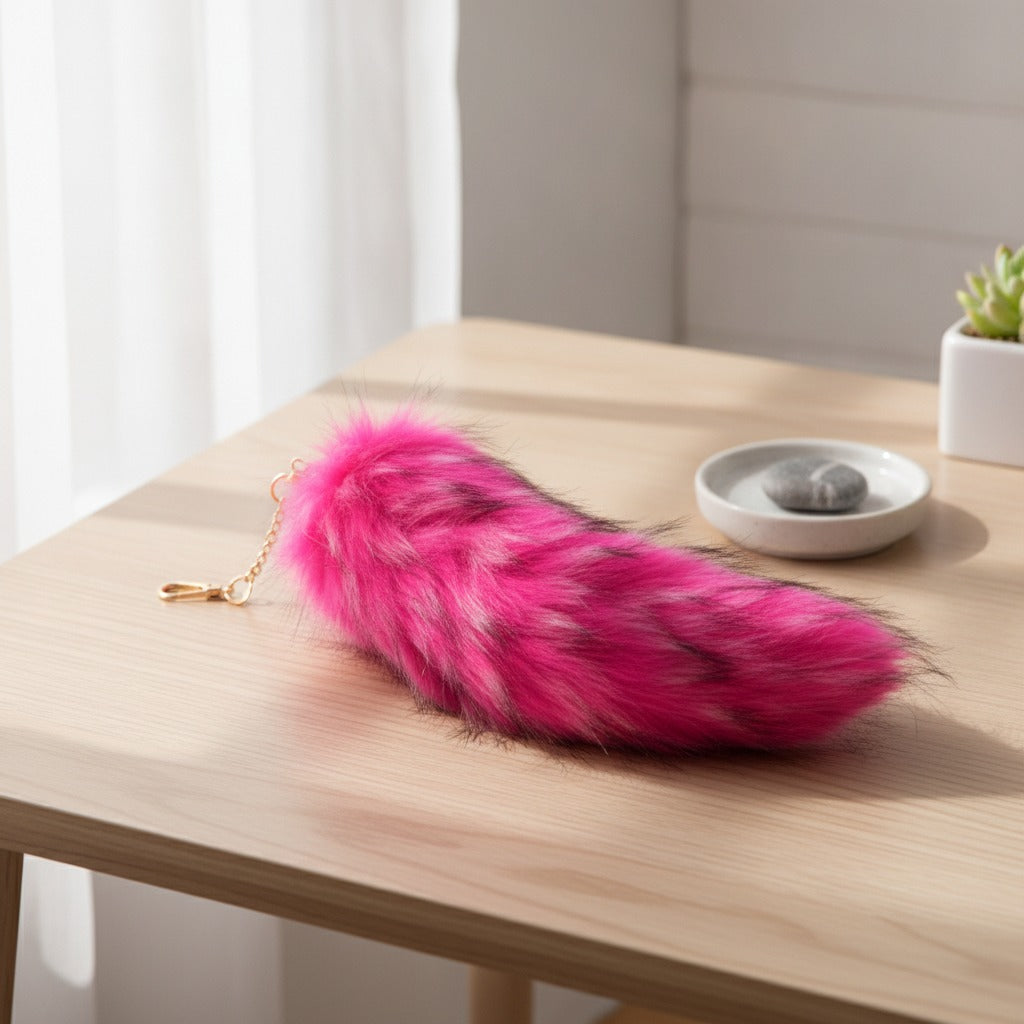 Fluffy Faux Fur Tail Keychain - Hot Pink