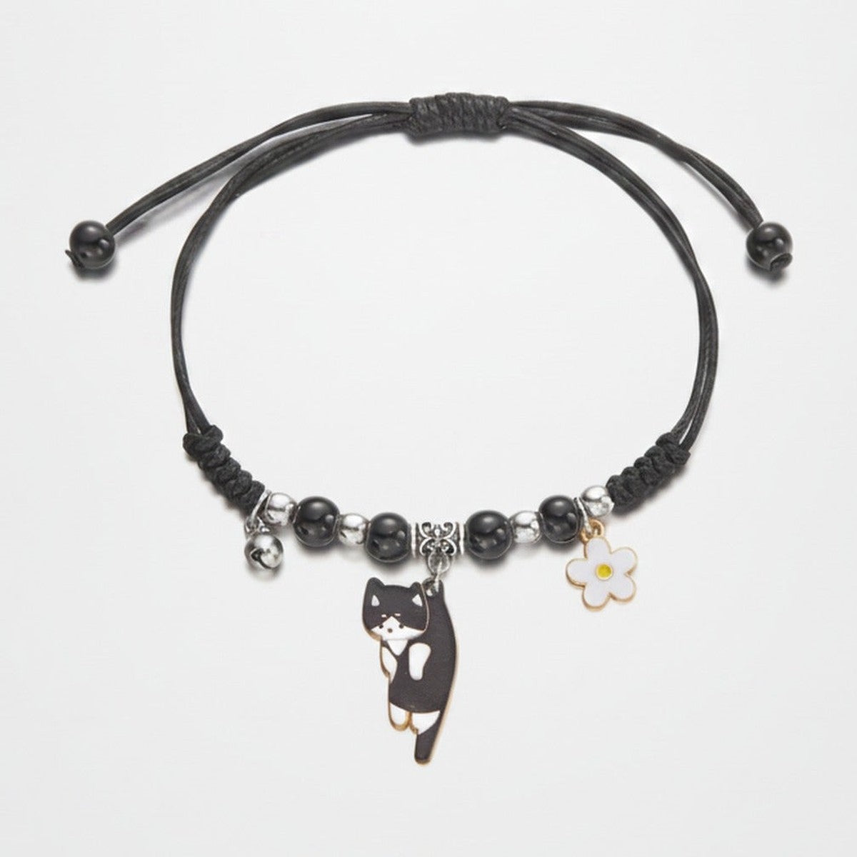 Beaded Cat Charm Bracelet with Flower - Lazy Cat Black – jewelry (view 1)