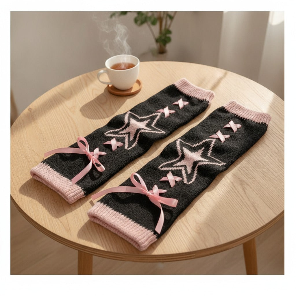 Star & X Knit Crew Socks - Black & Pink