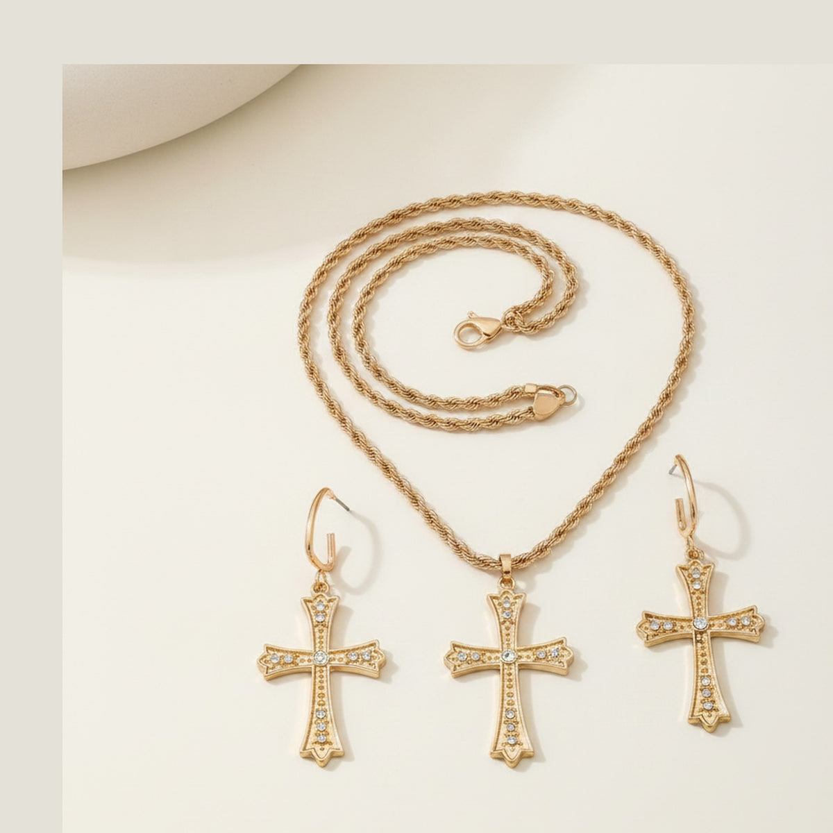Gold Cross Rhinestone Necklace And Earring Set – jewelry