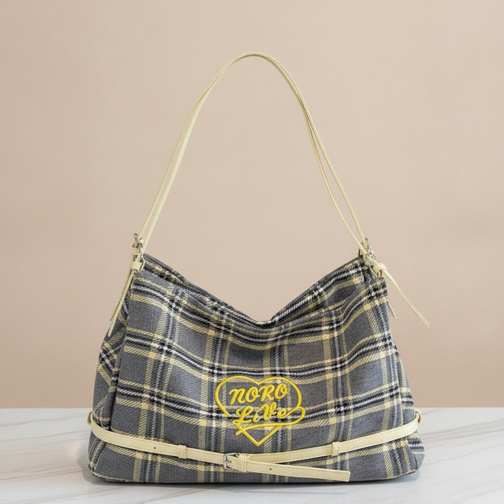 Plaid Shoulder Tote with Logo - Gray & Gold Plaid