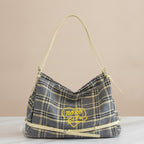 Plaid Shoulder Tote with Logo - Gray & Gold Plaid